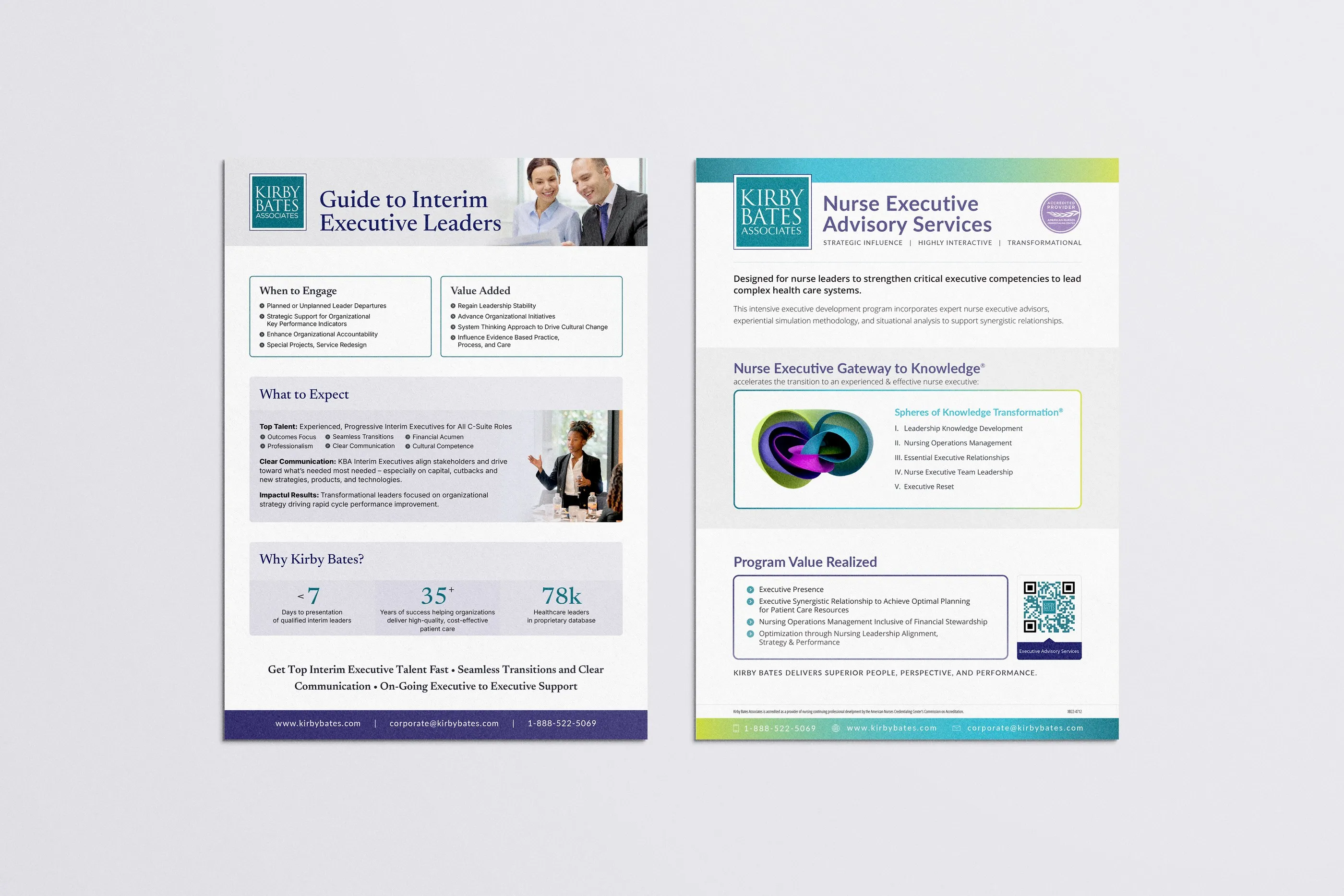 Two Kirby Bates one-pagers: "Guide to Interim Executive Leaders" and "Nurse Executive Advisory Services", with stats, photos and a QR code.