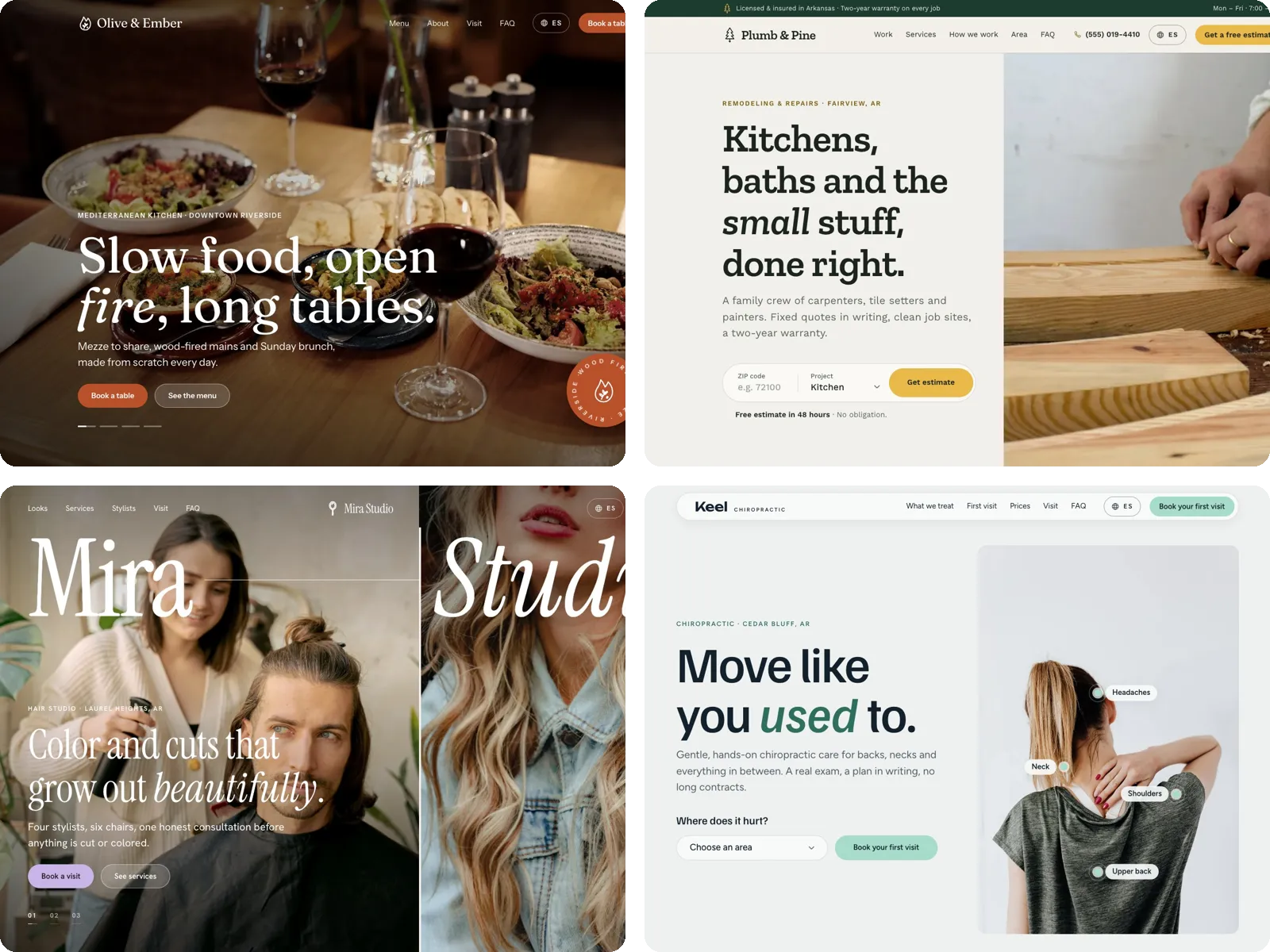 The first screens of four sample websites: a restaurant, a remodeling company, a hair salon and a chiropractor.