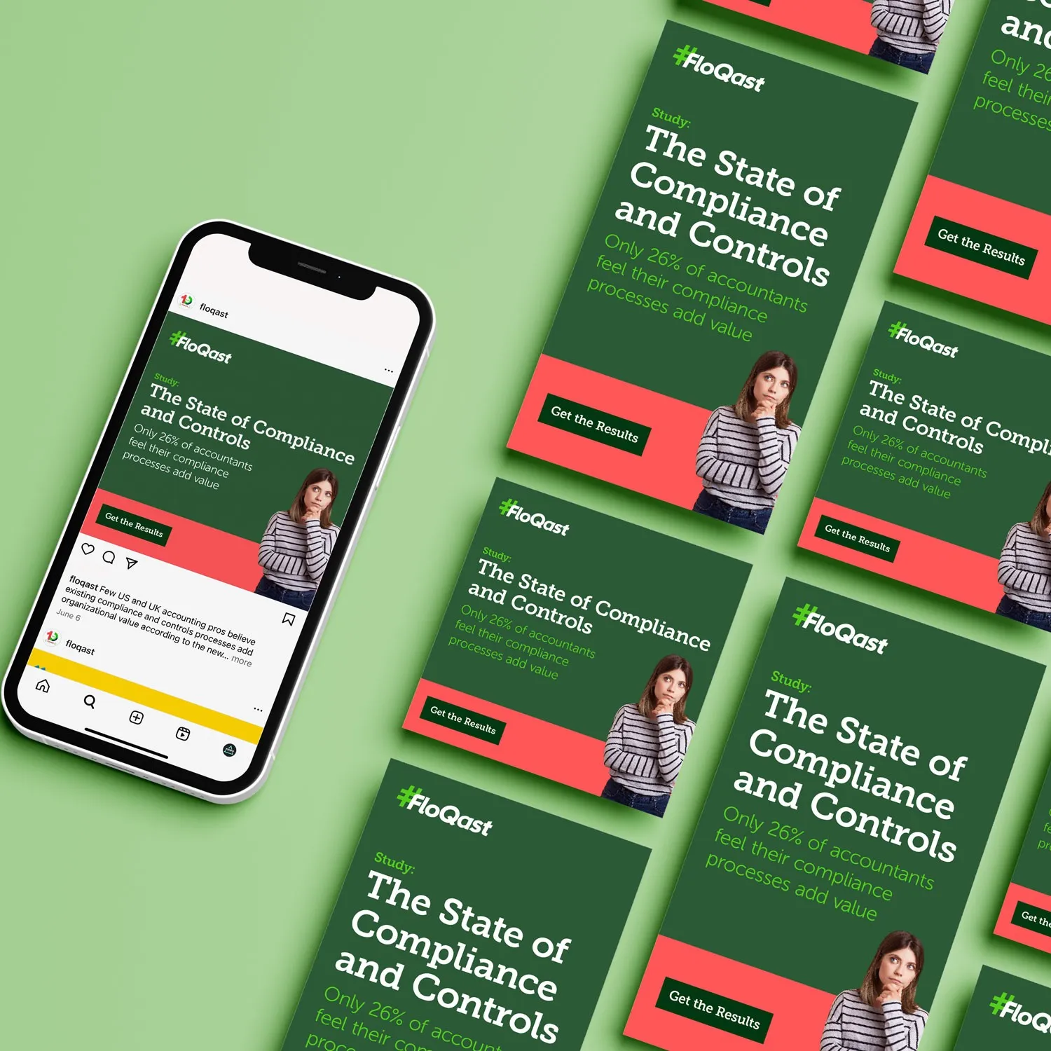FloQast "State of Compliance and Controls" social ads, shown in a phone feed and as a grid of green and coral posts.