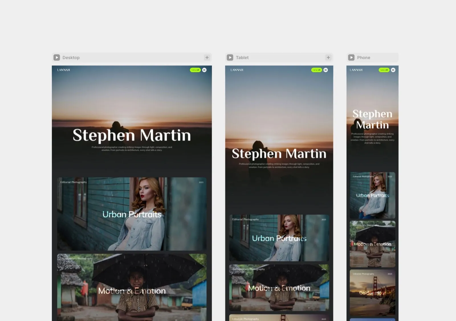 Our Lannah photography template, with the placeholder name Stephen Martin, shown at desktop, tablet and phone sizes side by side in Framer.