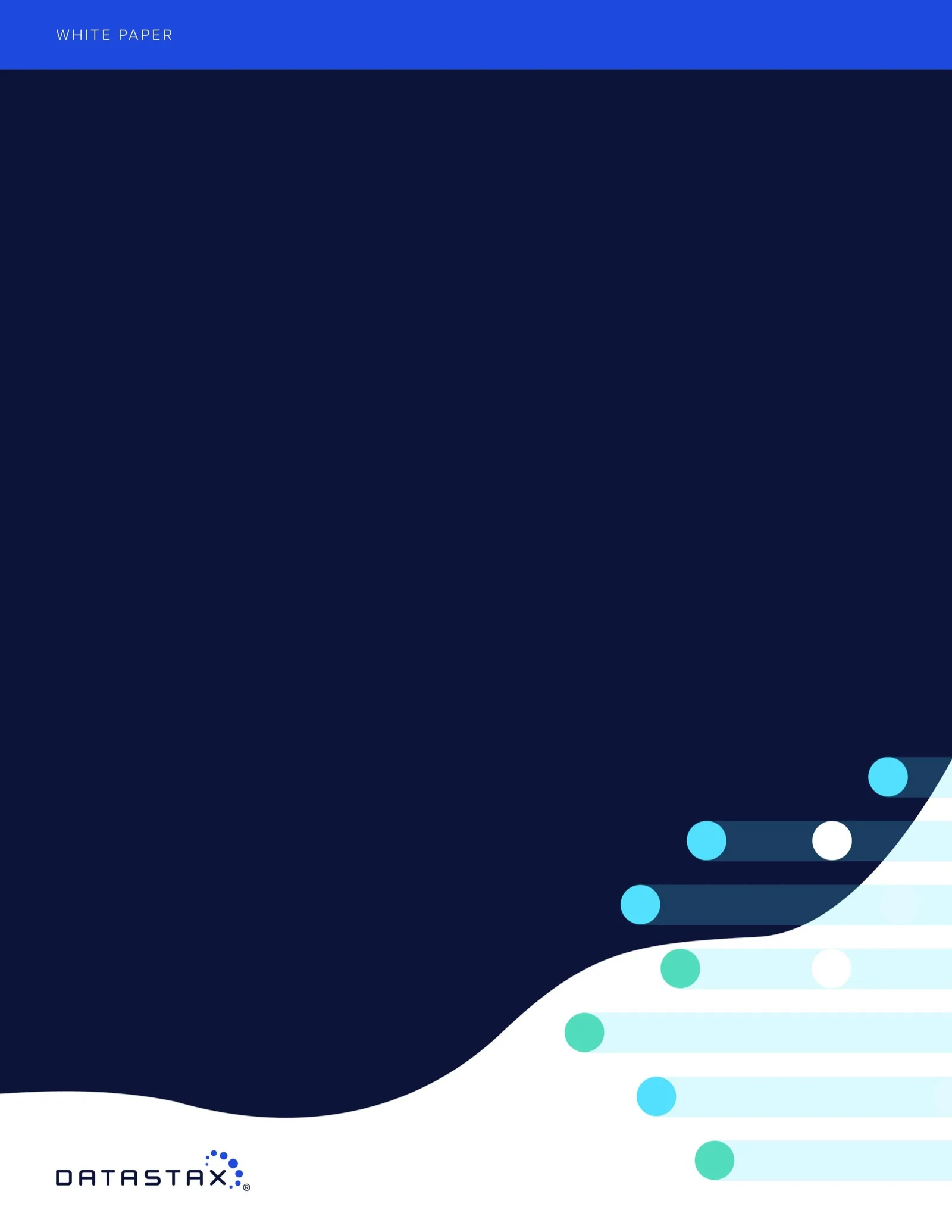 Minimal DataStax white paper cover in dark navy with a curved band of teal dots and lines in the lower corner.