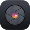 Image Shrink app icon: a camera aperture in dark grey blades, opening onto a sunset-coloured centre with a small sun.