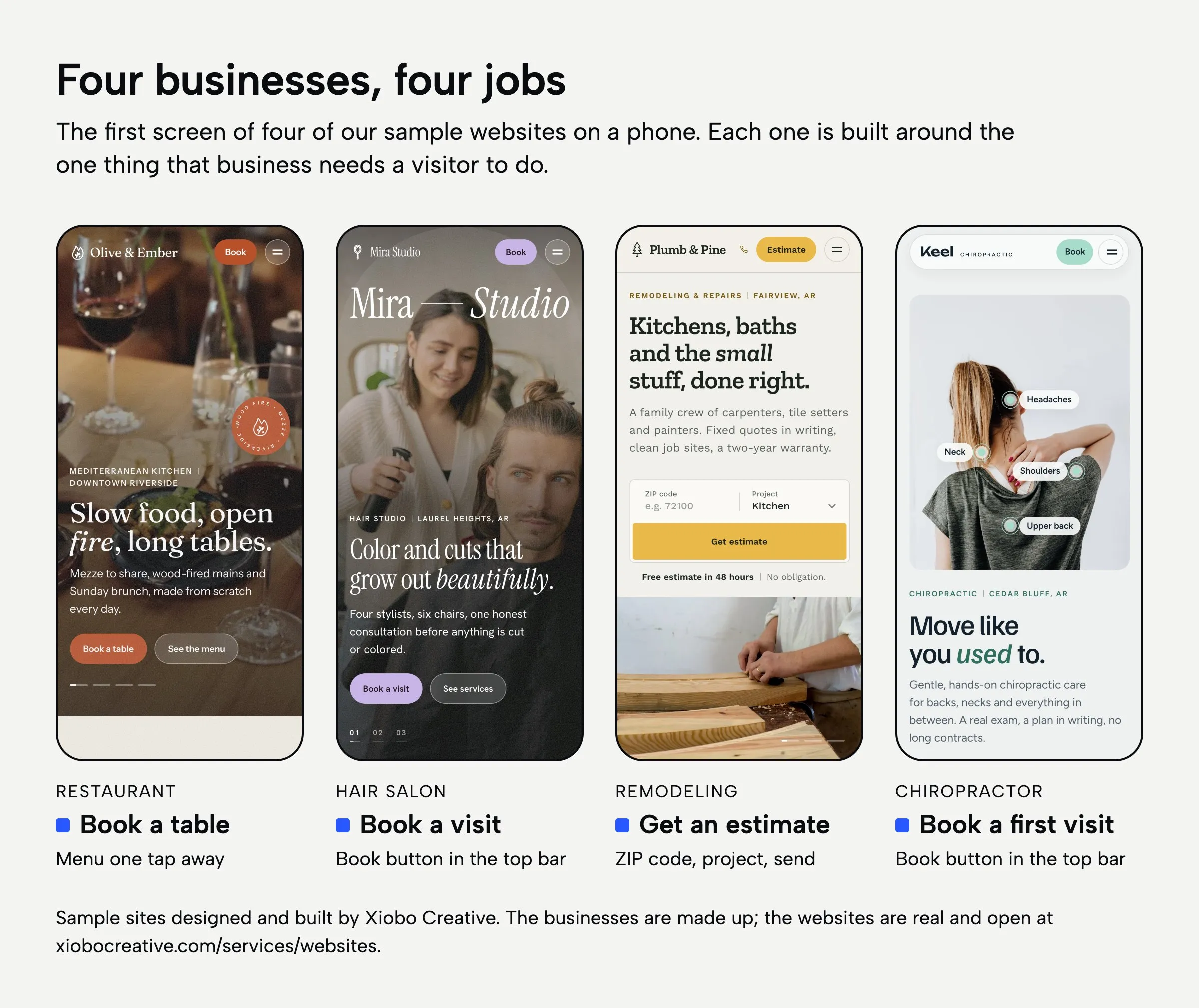 The first screen of four of our sample websites on a phone: a restaurant built around “Book a table”, a hair salon around “Book a visit”, a remodeling company around “Get an estimate” and a chiropractor around “Book a first visit”.