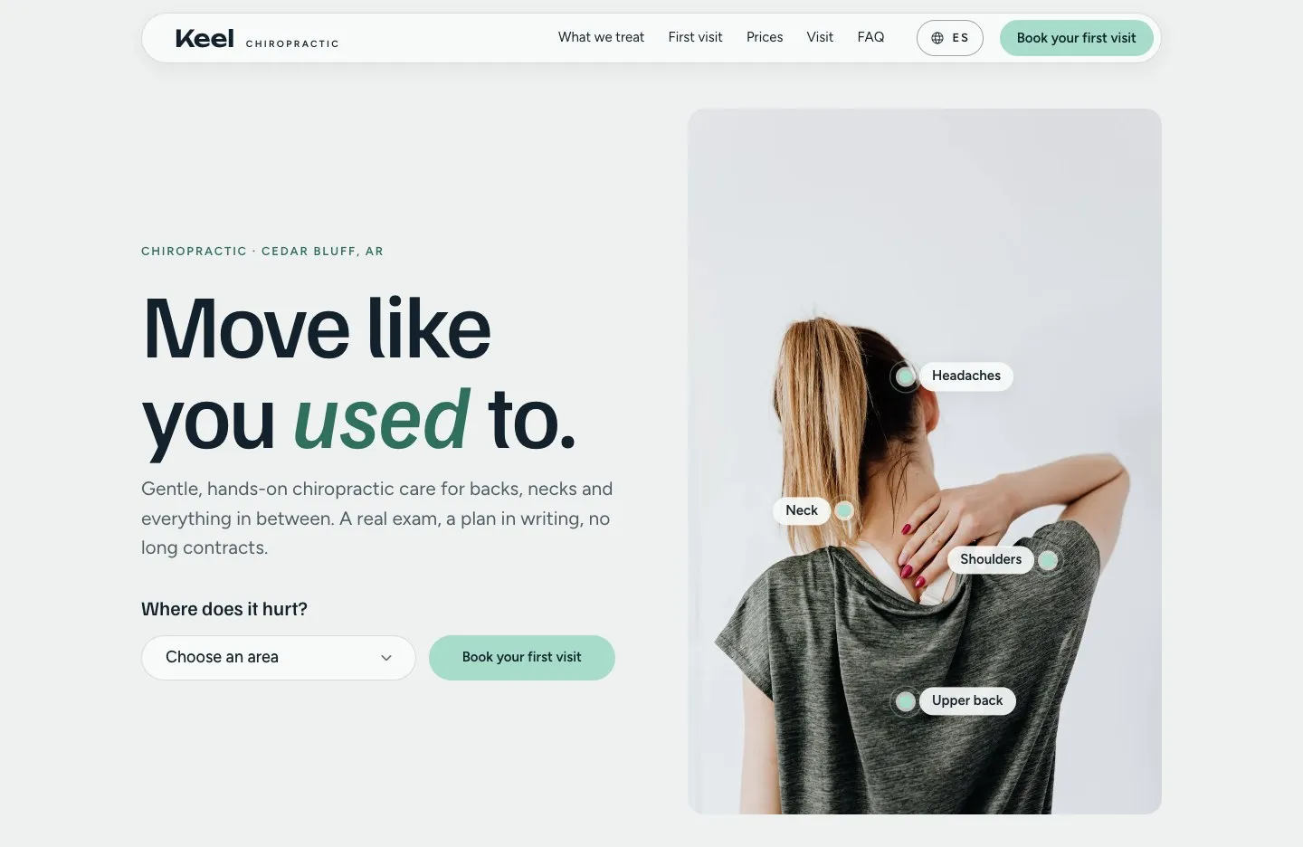 Keel Chiropractic sample site: a woman holding her neck, with labelled pain points, beside the headline “Move like you used to.”