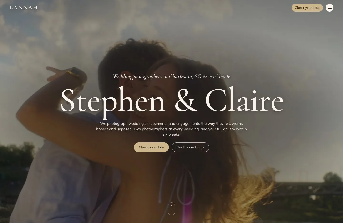 Lannah Studio sample site: a couple laughing in a hug at golden hour behind the headline “Stephen & Claire”, wedding photographers in Charleston.