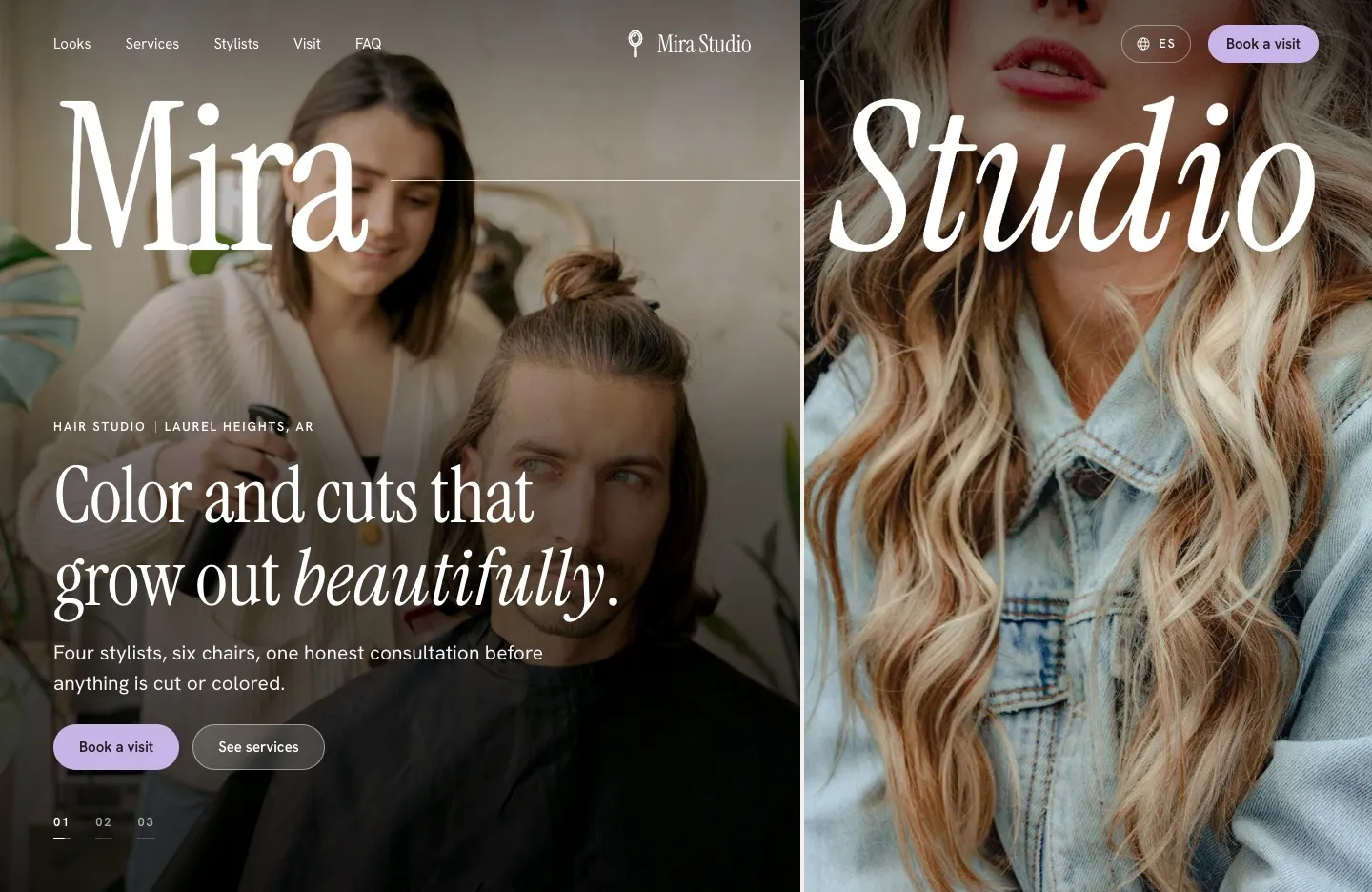 Sitio de ejemplo de Mira Studio: dos retratos lado a lado bajo el nombre del salón y el titular “Color and cuts that grow out beautifully.”