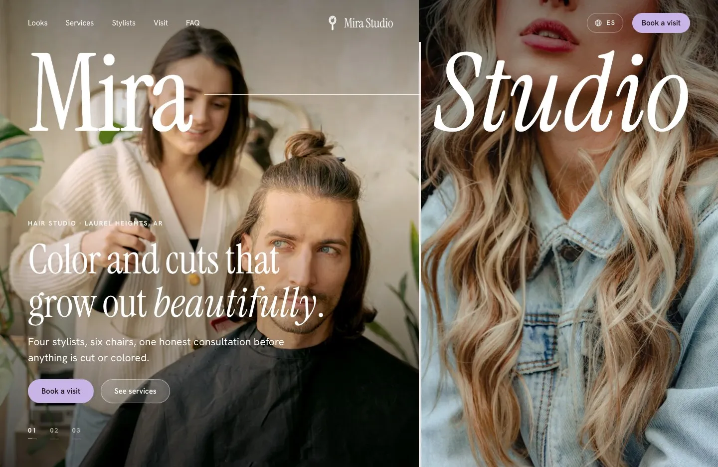 Mira Studio sample site: two portraits side by side under the salon’s name and the headline “Color and cuts that grow out beautifully.”