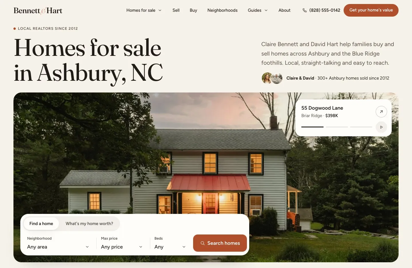 Bennett & Hart Homes sample site: the headline “Homes for sale in Ashbury, NC” above a framed photo of a farmhouse at dusk, with a Find a home · What’s my home worth? card on it.