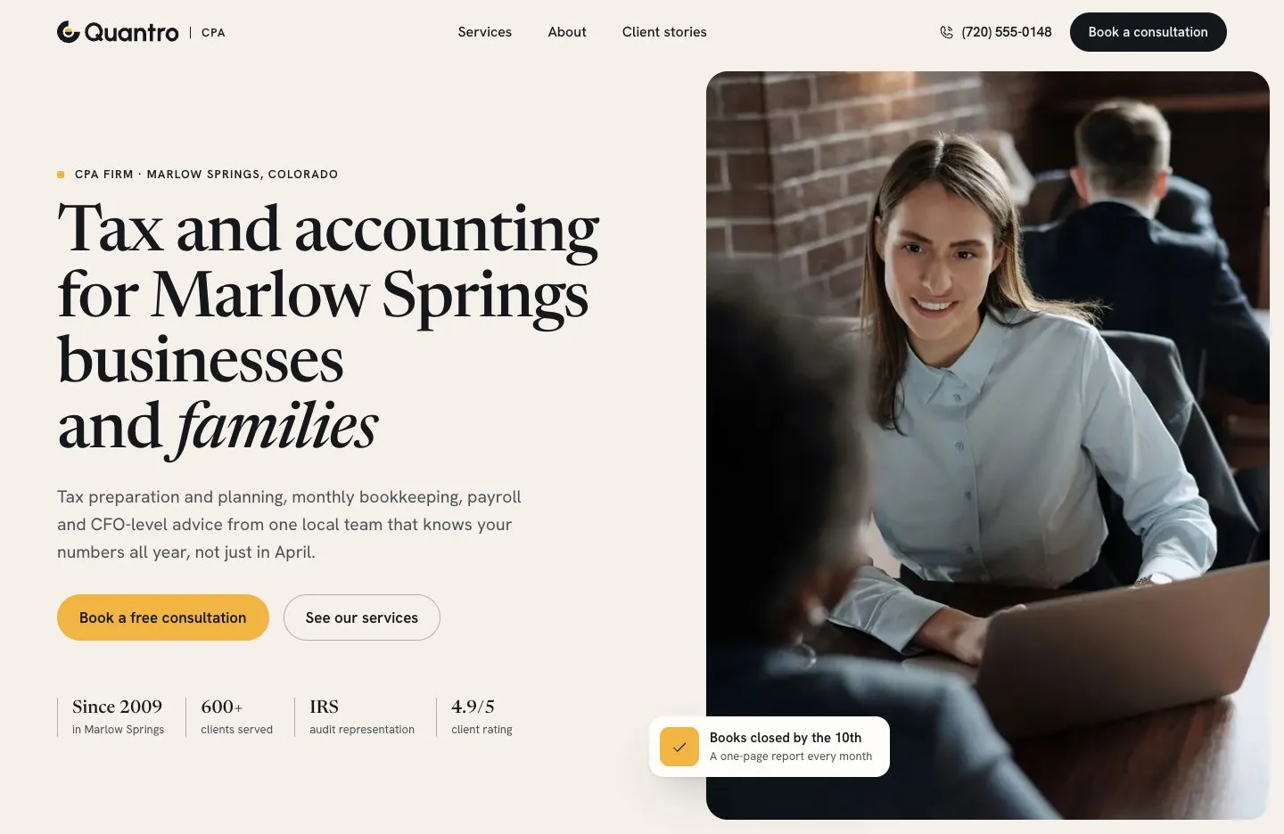 Quantro sample site: an accountant smiling at her laptop beside the headline “Tax and accounting for Marlow Springs businesses and families.”