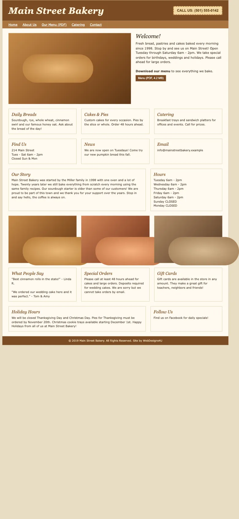 The home page as it shows on a phone: Main Street Bakery
