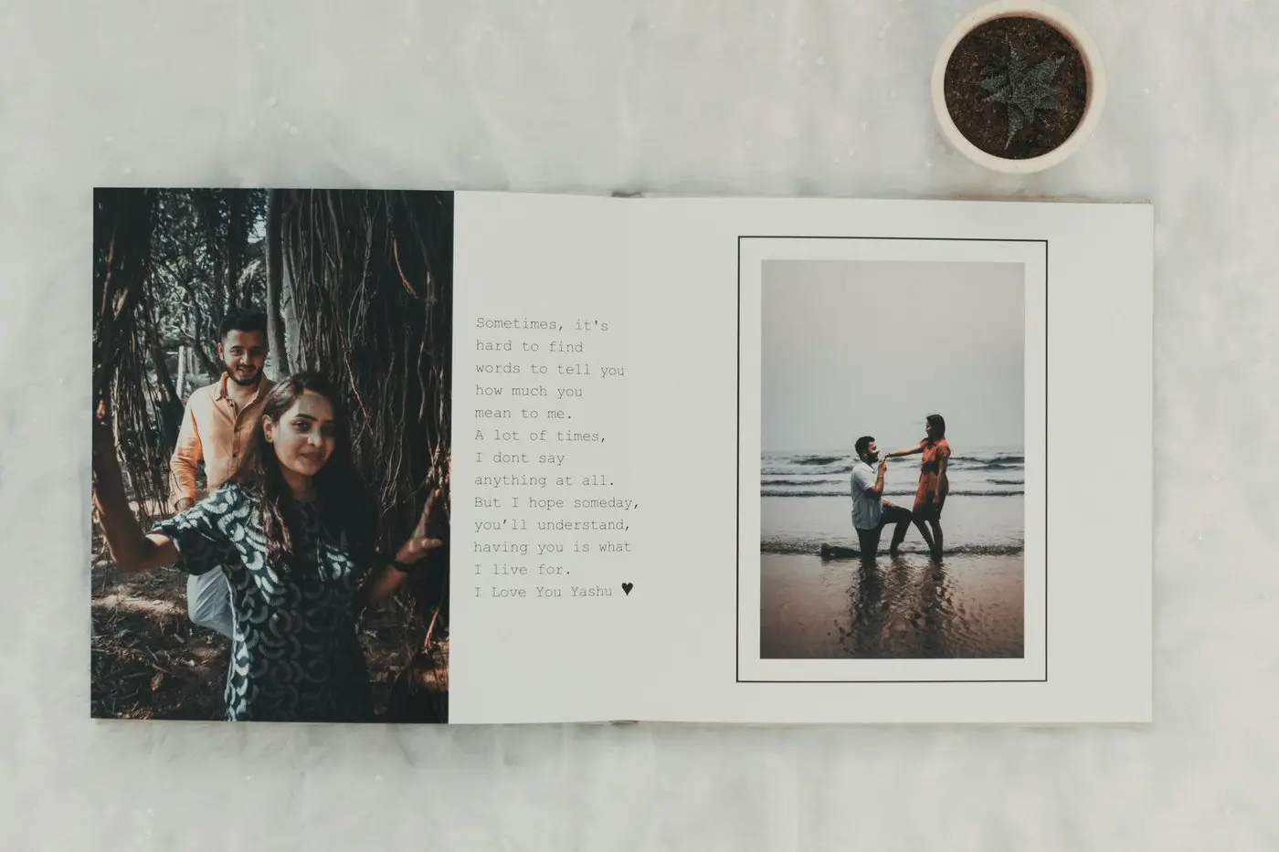 An open wedding album showing a couple’s portraits and a short handwritten note
