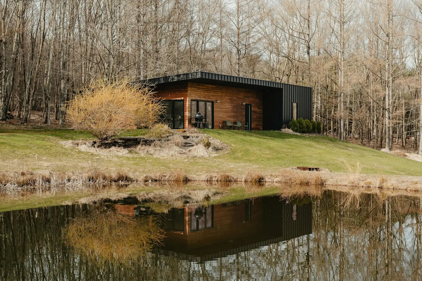 Low modern home with cedar and dark metal siding above a pond, its reflection in the water, bare trees behind.