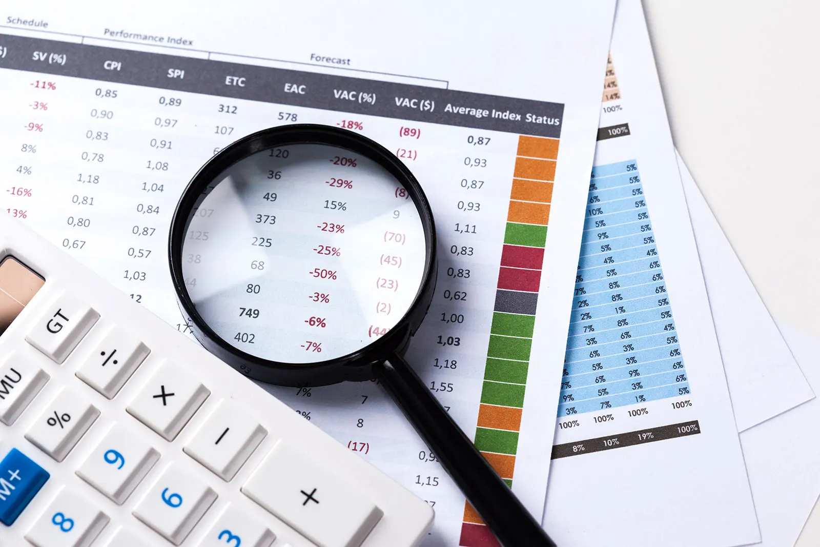 Magnifying glass over printed financial tables and a calculator